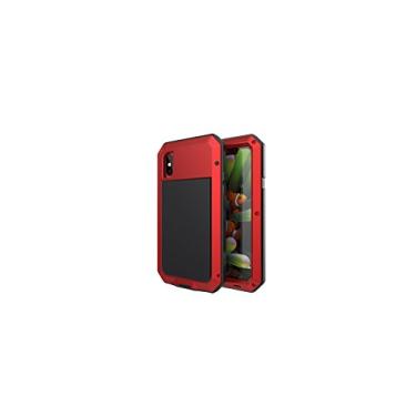 Imagem de Compatível com capa para iPhone XS, capa de metal resistente militar para esportes ao ar livre, à prova de choque, poeira, capa de corpo inteiro com protetor de tela temperado de vidro embutido (vermelho)
