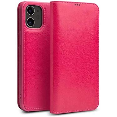 Imagem de GANYUU Capa carteira para Apple iPhone 12 Mini (2020) 5,4 polegadas, capa de telefone flip de couro genuíno com 3 slots de cartão e função de suporte (cor: vermelho rosa)