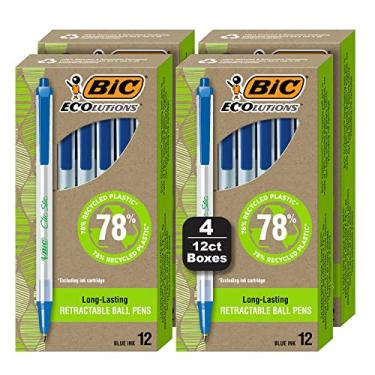 Imagem de BIC Caneta esferográfica retrátil ReVolution Clic Stic, caneta de plástico reciclado, azul, ponta média (1,0 mm), embalagem 100% reciclada, pacote com 48 unidades