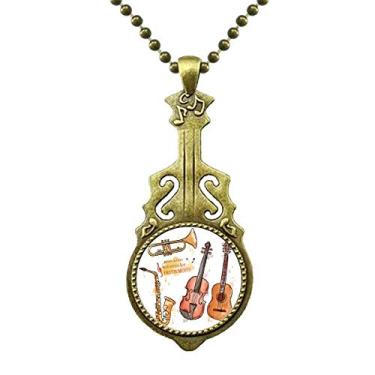 Imagem de DIYthinker Colar com estampa de aquarela de instrumentos musicais de guitarra antiga com pingente de música