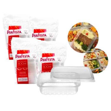Imagem de Kit Com 96 Potes Descartáveis, Prafesta 500 ml, Retangular Com Tampa Freezer microondas marmita