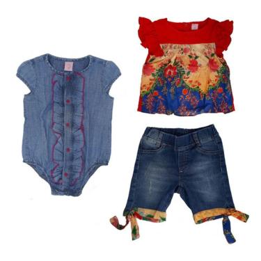 Imagem de Body Jeans E Conjunto - Short E Blusa Infantis  3 Peças