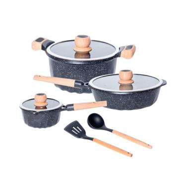 Imagem de Jogo Panelas Indução Revestimento Antiaderente Mármore Cerâmico 8 peças Preto