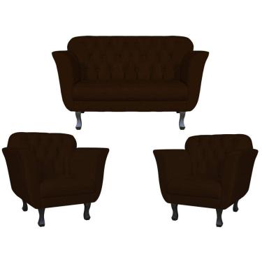 Imagem de Kit Namoradeira + 2 Poltronas Decorativa Dália Suede Marrom Pés Madeira Mz Decor