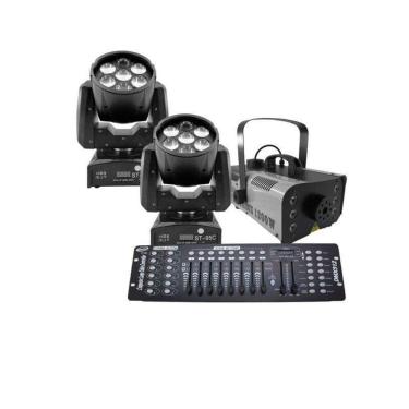 Imagem de Kit 2 Mini Moving + Máquina De Fumaça 1200W + Mesa Dmx 512
