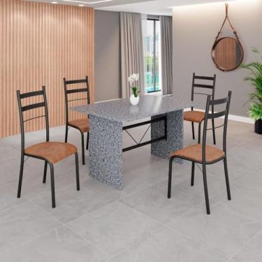 Imagem de Conjunto Sala de Jantar Mesa Retangular 120x75cm Tampo Granito Ocre 4 Cadeiras Marselha C. Marrom/Preto Fosco