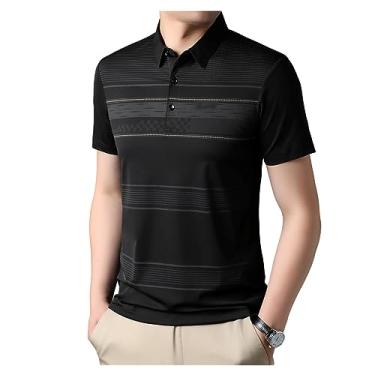 Imagem de Camisa polo masculina de lapela sólida de seda gelo camisas de golfe com botões para trabalho camiseta elástica atlética secagem rápida, Preto, 4G