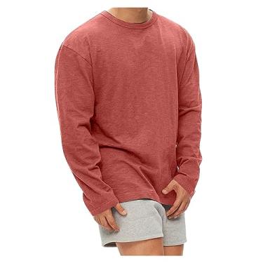Imagem de Camiseta masculina de manga comprida SOID Color Quick Dry Camiseta leve com absorção de umidade, Vermelho, G