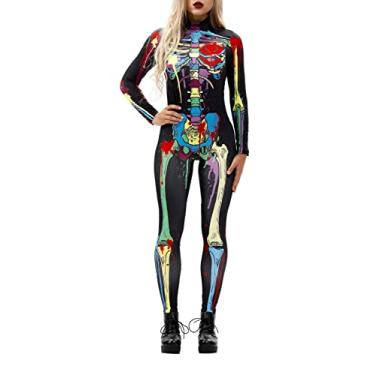 Imagem de Foksikely Women Adult Skeleton Skull Bone Halloween Catsuit Full Bodysuits Cosplay Costume Multicolor L