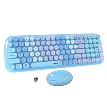 Imagem de Combo de teclado e mouse sem fio, teclado flexível UBOTIE colorido gradiente colorido retrô para máquina de escrever, conexão de 2,4 GHz e mouse óptico (novo azul colorido)