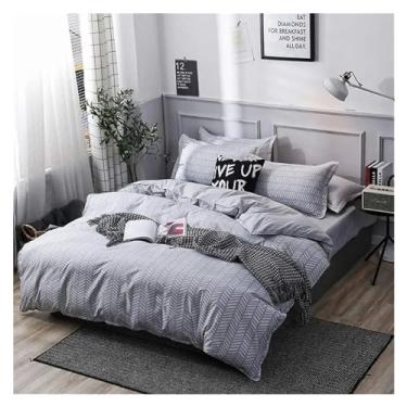 Imagem de Jogo de cama moderno listrado de sarja, listras brancas e cinzas, geométrico, lençóis de cama (uma cor King)