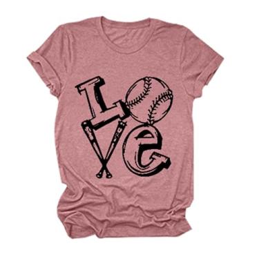 Imagem de Camiseta feminina com estampa de beisebol, caimento solto, gola redonda, túnica de manga curta, camiseta de beisebol de verão, rosa, GG
