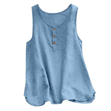 Imagem de Regata feminina de linho, caimento solto, sem mangas, Henley cor lisa, camiseta casual de verão, Y1 - azul, GG
