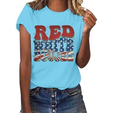 Imagem de Camiseta feminina com bandeira da América Memorial Day, camisetas estampadas patrióticas, camisetas estampadas engraçadas, Azul-celeste, GG
