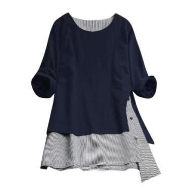 Imagem de Camisetas femininas de linho com botões, gola redonda, vintage, manga curta, patchwork, casuais, soltas, Azul marino, XXG