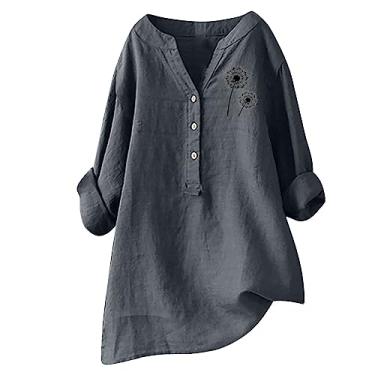 Imagem de Camiseta feminina de verão com estampa de dente-de-leão de linho manga comprida Henley camiseta solta casual túnica, Cinza, XXG