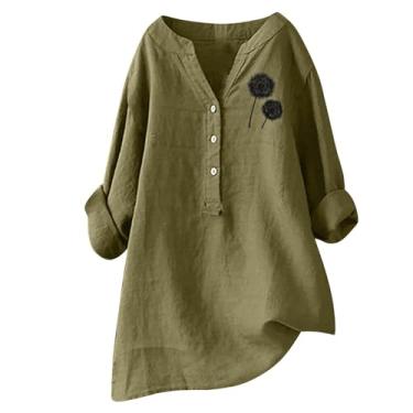 Imagem de Túnica feminina de algodão e linho, manga comprida, gola V, casual, trabalho, lounge, camisetas grandes, Caqui, G