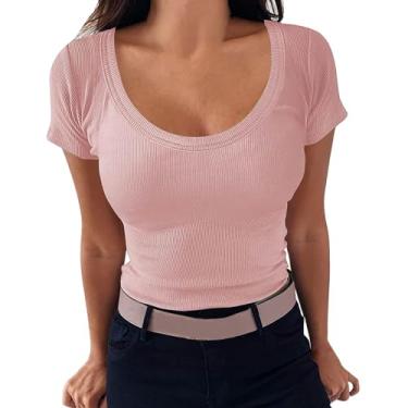 Imagem de Nagub Top feminino de verão com nervuras manga curta gola canoa espartilho slim fit camiseta Y2k roupas para sair 2024, Ouro rosa, GG