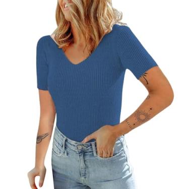 Imagem de Nagub Top feminino de verão de malha canelada manga curta básico decote V espartilho slim fit camiseta Y2k roupas para sair, Azul, M