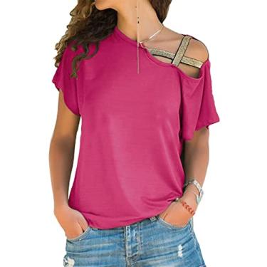 Imagem de Camisetas Femininas Sem Ombro, Cor Pura Casual Verão Fora do Ombro para Mulheres, Soltas para Casual para Namoro para Escritório (XL)