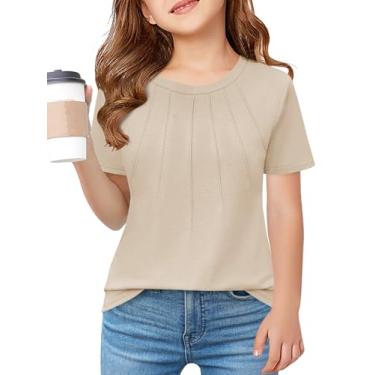 Imagem de Haloumoning Camisetas femininas plissadas infantis de verão de manga curta da moda 5-14 anos, Bege, 13-14 Anos