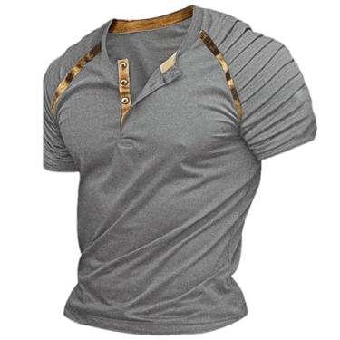 Imagem de Camiseta masculina casual primavera verão manga curta plissado gola Henley patchwork listrada, Dx-5 cinza 9, M