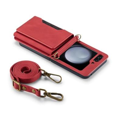 Imagem de Carteira crossbody cordão capa de telefone para samsung galaxy z flip 5 4 3 flip5 flip4 flip3 5g titular do cartão bolsa capa de couro, vermelho, para galaxy z flip5