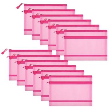 Imagem de Sinzip Bolsa de malha de nylon com zíper, 12 unidades, bolsas de cosméticos de malha, estojo de lápis, bolsas de viagem multiuso para cosméticos, material escolar, escritório, acessórios de viagem, 2 camadas - rosa, A5, Bolsa de malha de nylon