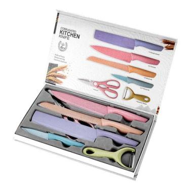 Imagem de Jogo De Facas Coloridas 6 Peças Aço Inox Faqueiro Churrasco - Evryweal