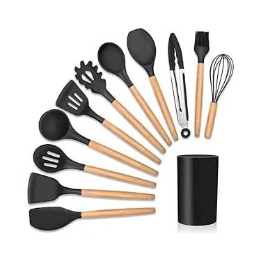 Imagem de Kit 12 Utensílios De Cozinha Em Silicone E Cabo De Madeira Jogo De Utensílios Resistente ao Calor Antiaderente Premium (CONSULTAR DISPONIBILIDADE DE CORES)