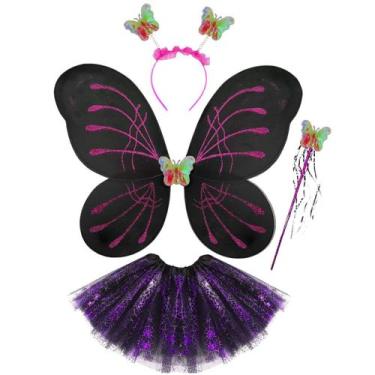 Imagem de Fantasia Halloween Menina Kit Bruxinha Fada Asa Varinha Tiara Dia das 