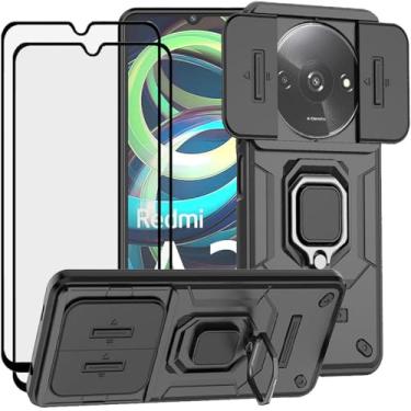 Imagem de LosruGir Capa para Xiaomi Redmi A3 com protetor de tela de vidro temperado [2 peças], capa híbrida resistente para câmera deslizante, antiarranhões, à prova de impacto, com suporte, preta