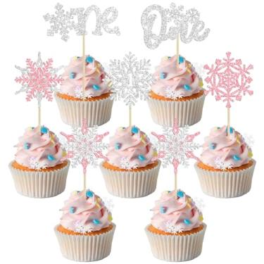 Imagem de Gyufise 24Pcs Snowflake One Cupcake Toppers Pink Glitter Winter Frozen Theme Kids 1st Birthday Cupcake Picks for Baby Shower First Birthday Party Cake Decorations Supplies