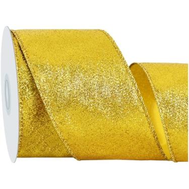 Imagem de RIBBOOO Fita dourada com glitter, fita de tecido com borda brilhante de 6 cm e 10 metros para artesanato, laço de guirlanda, embrulho de presente, decoração de festa de Natal