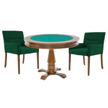 Imagem de Mesa de Jogos Carteado Victoria Redonda Tampo Reversível Amêndoa com 2 Cadeiras Vicenza Suede Verde - Gran Belo