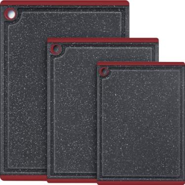 Imagem de Tábuas de corte de plástico para cozinha, conjunto de tábuas de corte grandes de 3 peças, seguro para lava-louças, com pés antiderrapantes e ranhuras para suco, vermelho, Kikcoin