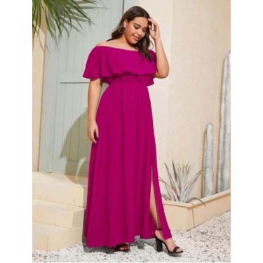 Imagem de Moda Plus Size Vestido Longo Plus com fenda rosa pink vestido para chá
