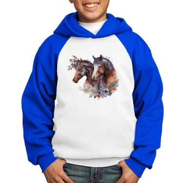 Imagem de Moletom Infantil Casal de cavalos e flores - Foca na Moda, Branco, Azu