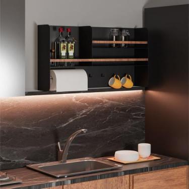 Imagem de Porta Temperos em Aço Carbono Preto e Madeira C/ Porta Papel - 80cm Li