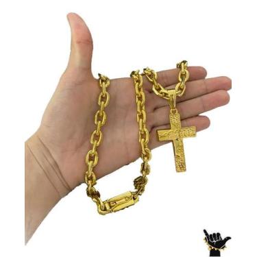 Imagem de Corrente Cadeado 12mm + Pingente Cruz - Banhado a Ouro 18k - ToJoia18k