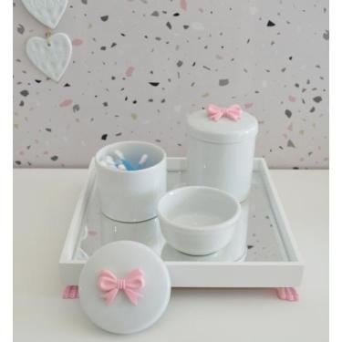 Imagem de Kit Higiene K049 Bandeja MDF Porcelanas Apliques Rosa Quarto Bebê - Ci