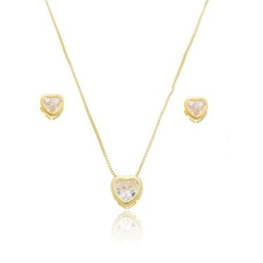 Imagem de Conjunto Colar e Brinco Elegante Ouro 18k Pequeno Zircônia - Enzara Jó