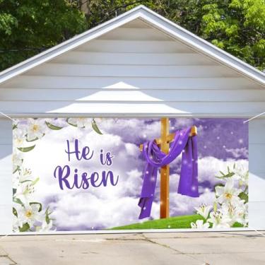 Imagem de CRTPOD 1,8 x 4 m decoração de bandeira de porta de garagem de páscoa Jesus Cristo cruz primavera lírio floral garagem amigo porta pano de fundo para igreja santuário suprimentos de festa decoração de