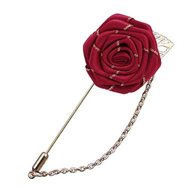 Imagem de YOOE Masculino Pano Rosa Flor com Broche de Folha Dourada. Vara de lapela floral rosa azul vermelha feita à mão Alfinetes de lapela para terno, broche de lapela de casamento, Metal Metal poliamida,