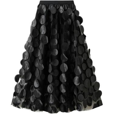 Imagem de Saia de bolinhas saia de tule para mulheres High Street Uma linha elástica cintura alta midi saia longa feminina, preta, tamanho único
