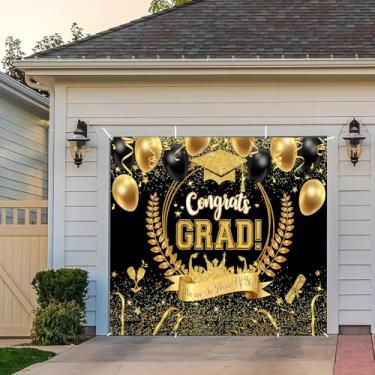 Imagem de Banner de porta de garagem de formatura 2,1 x 2,4 m Class Of 2025 Congrats Grad pano de fundo preto e dourado decoração de festa de formatura fundo parabéns formatura capa de porta de garagem cenário