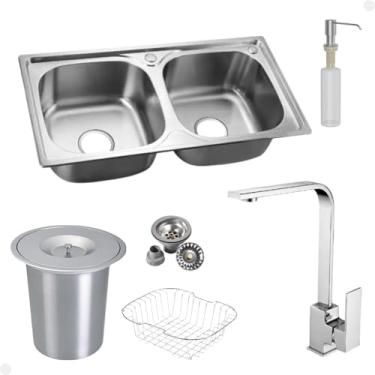 Imagem de Kit Cuba Dupla Inox + Acessórios Com Torneira Gourmet Monocomando Slim Cromada E Lixeira de Embutir 5 Litros