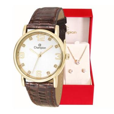 Imagem de Relógio Feminino Champion Analógico Couro Marron Kit Colar e Brincos C