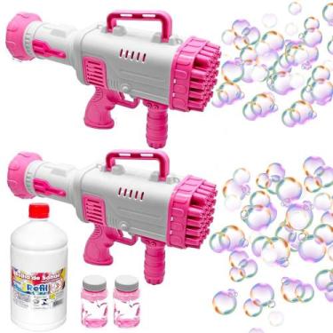 Imagem de 2 Arminhas Faz Bolhas de Sabão Elétrica Bazuca Bolinha Rosa - Art Brin