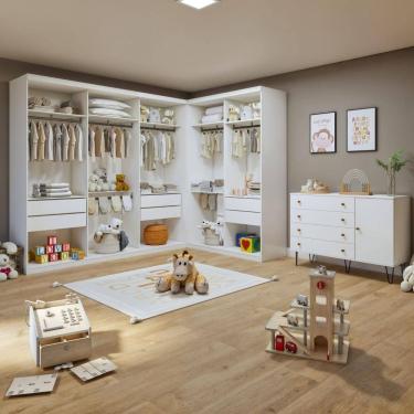 Imagem de Quarto Infantil Conjunto Closet Valentina com Cômoda 1 Porta 4 Gavetas Aurora Branco